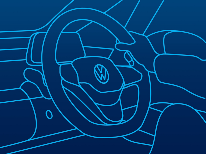 Illustration of a hand holding a steering wheel of a Volkswagen