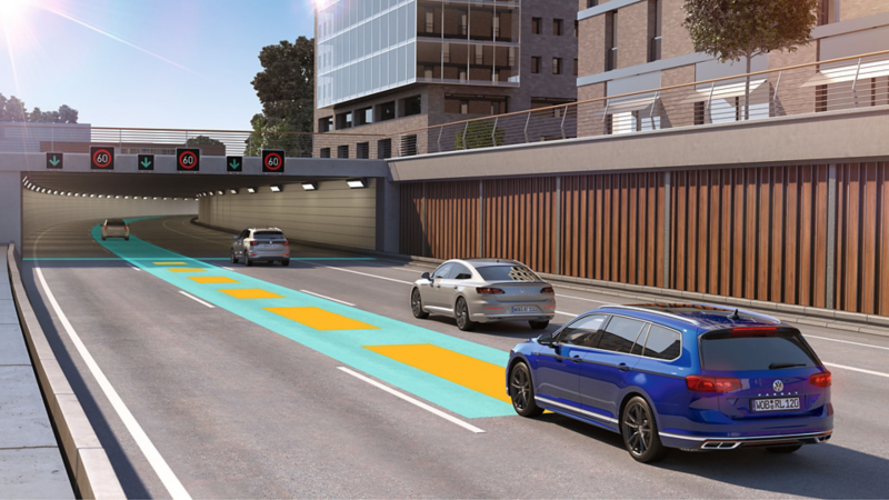 Passat Estate diagrammatic representation of the "Travel Assist" with several sensors