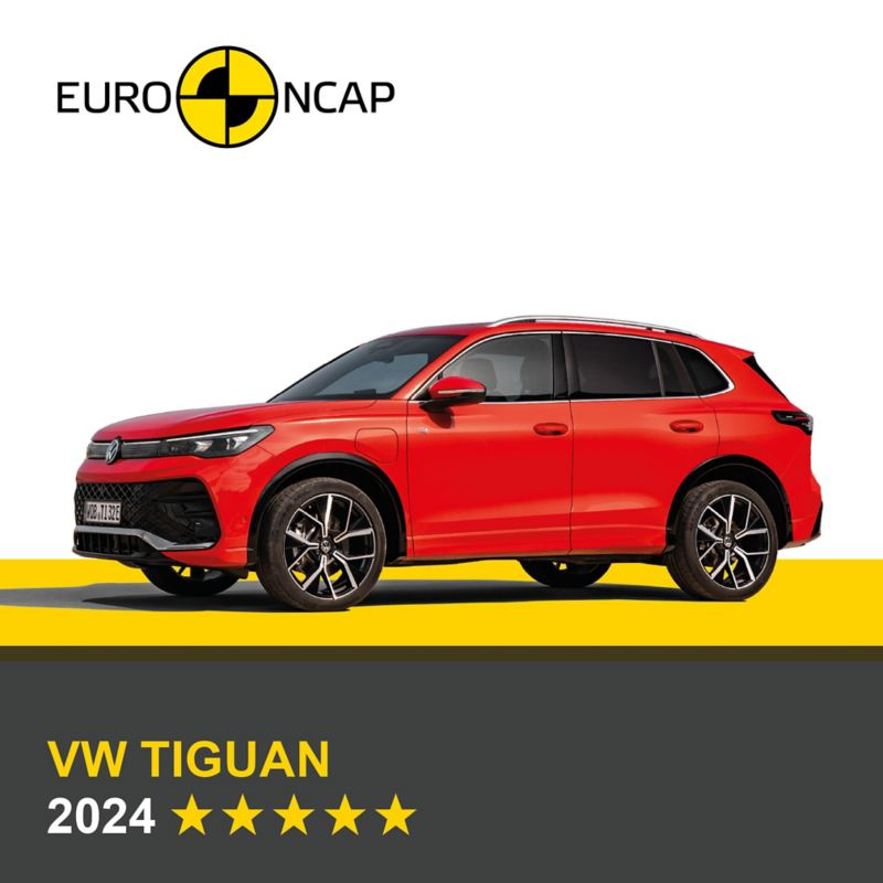A cut-out of a red Volkswagen Tiguan sitting on a yellow platform, with graphics underneath displaying its 5 star NCAP rating.