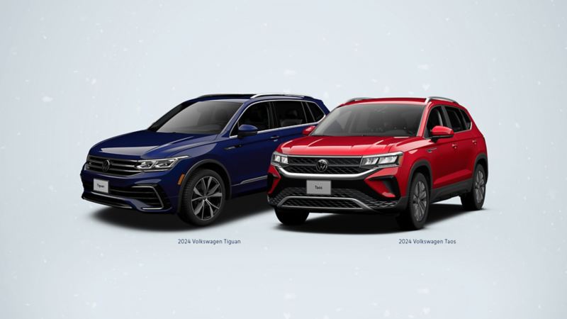 The 2024 Volkswagen Tiguan and Taos on a grey background.