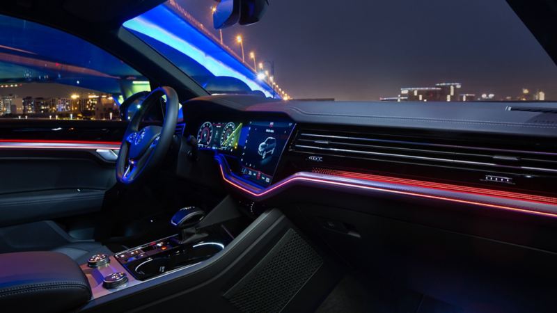 The ambient lighting in the VW Touareg within the interior cockpit