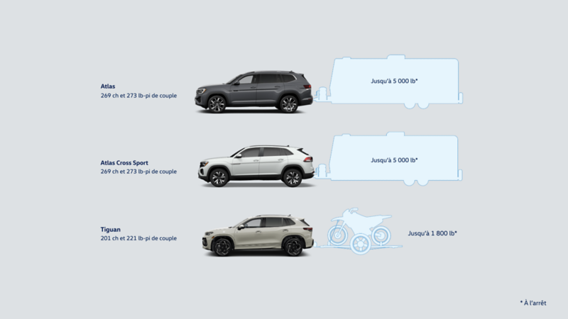 Alignement côte à côte de quatre VUS Volkswagen : Atlas en bleu, Atlas Cross Sport en argent, Tiguan en blanc et Taos en vert. Les véhicules sont présentés de profil, mettant en valeur leurs différences de taille et de design.