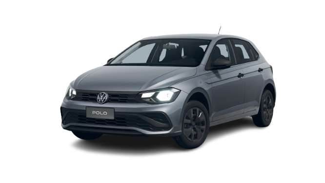Volkswagen Polo Track gris en vista frontal tres cuartos sobre fondo blanco.