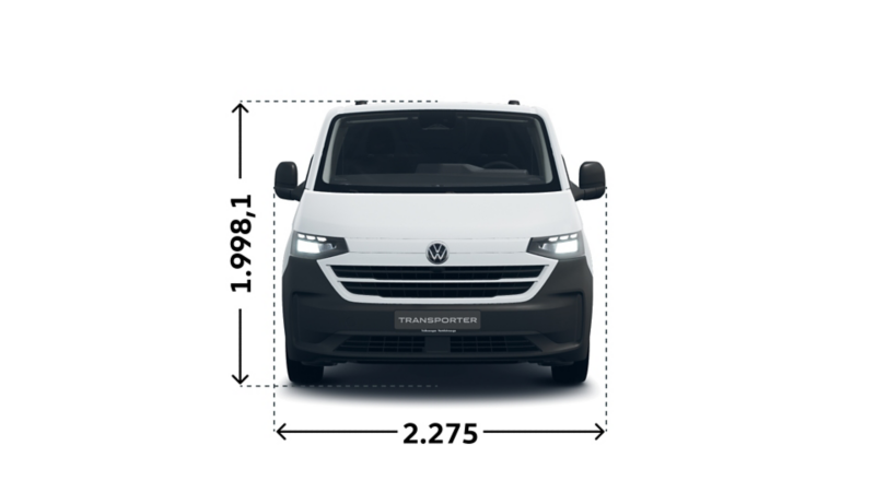 Måttskiss VW Transporter Skåp med långt axelavstånd framifrån: bredd och höjd.