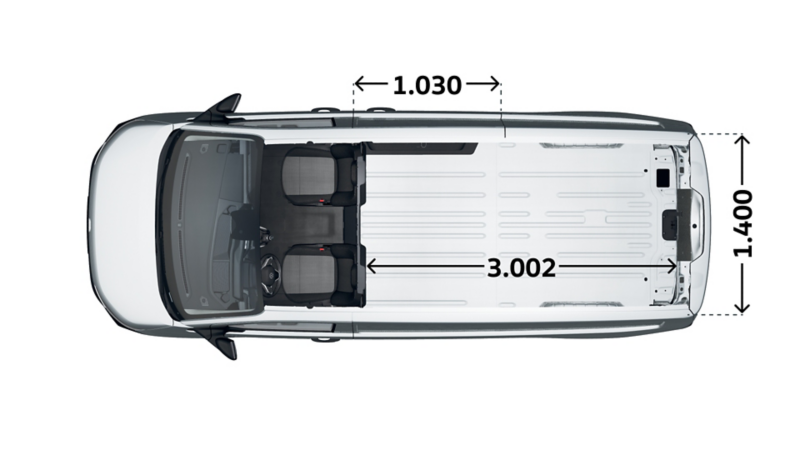 Måttskiss VW Transporter Skåp med långt axelavstånd: lastutrymme uppifrån.