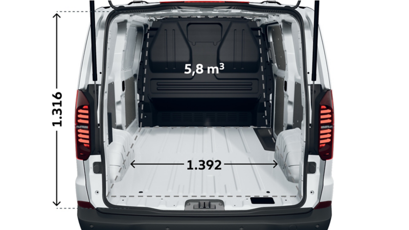 Måttskiss VW Transporter Skåp: lastytans höjd och bredd.
