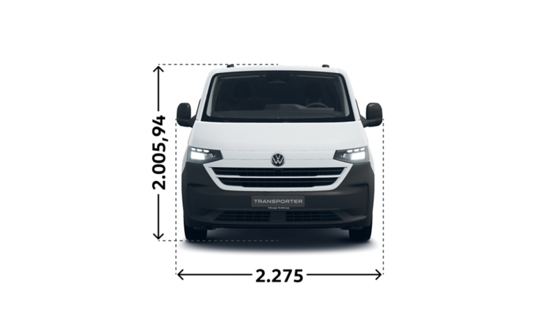 Måttskiss VW Transporter Skåp framifrån: bredd och höjd.