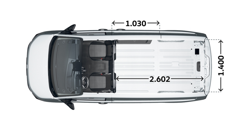 Måttskiss VW Transporter Skåp: lastutrymme uppifrån.