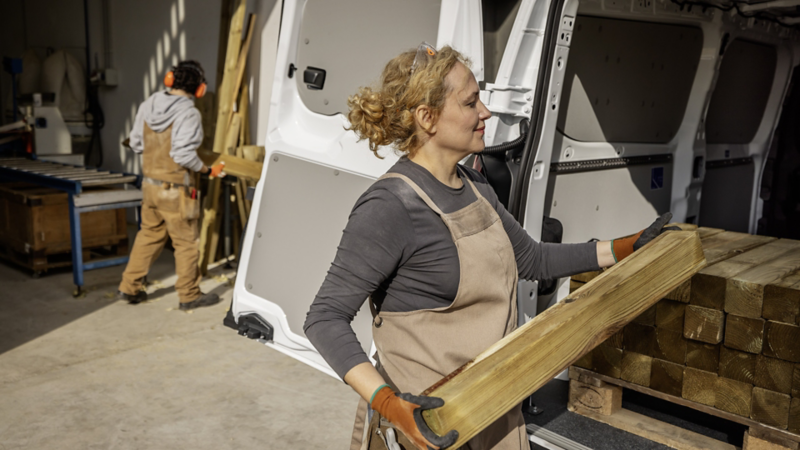 Construction lady working out of the Transporter Van