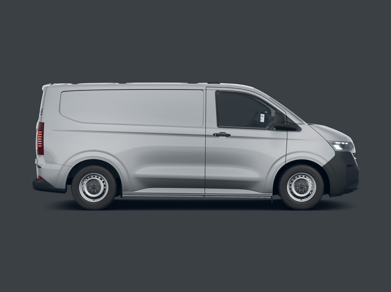 White VW Transporter side-on view parked against a plain grey background. 