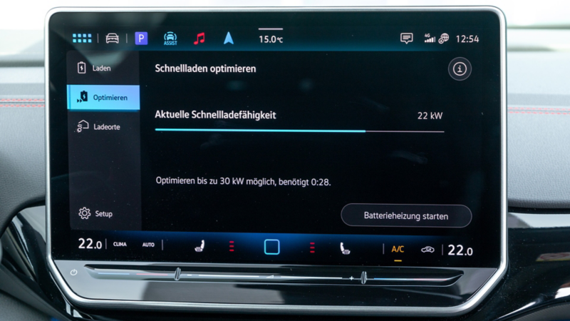 Das Display des ID.4 zeigt die Ladeoptimierungseinstellungen