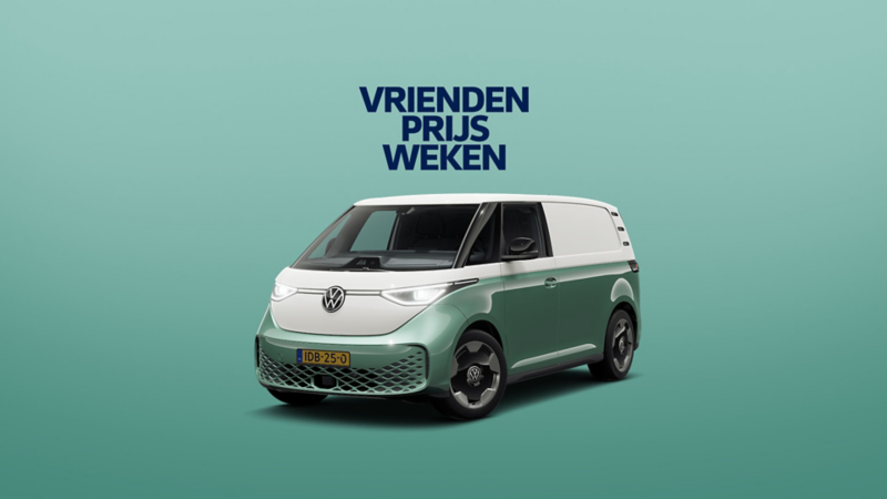 Tekst 'Vriendenprijs Weken' naast een groen-witte Volkswagen ID. Buzz Cargo op een groene achtergrond.