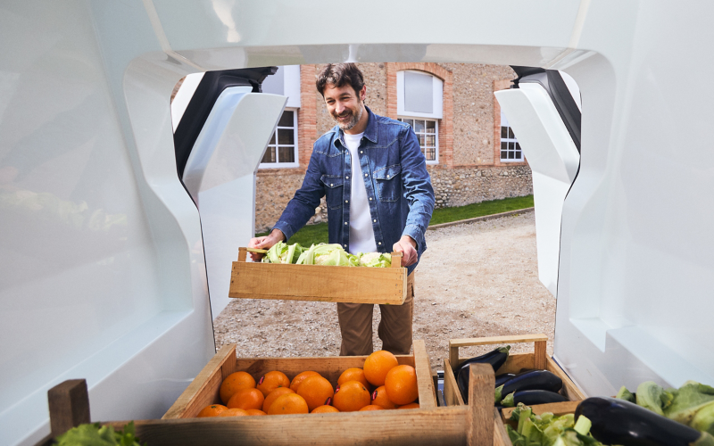 El interior del VW ID. Buzz Fresh Van cargado con fruta. 	