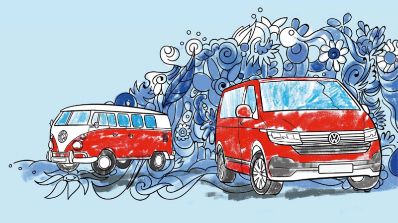 Disegno di un California e un Multivan inserito nel libro per bambini da colorare di Veicoli Commerciali Volkswagen.