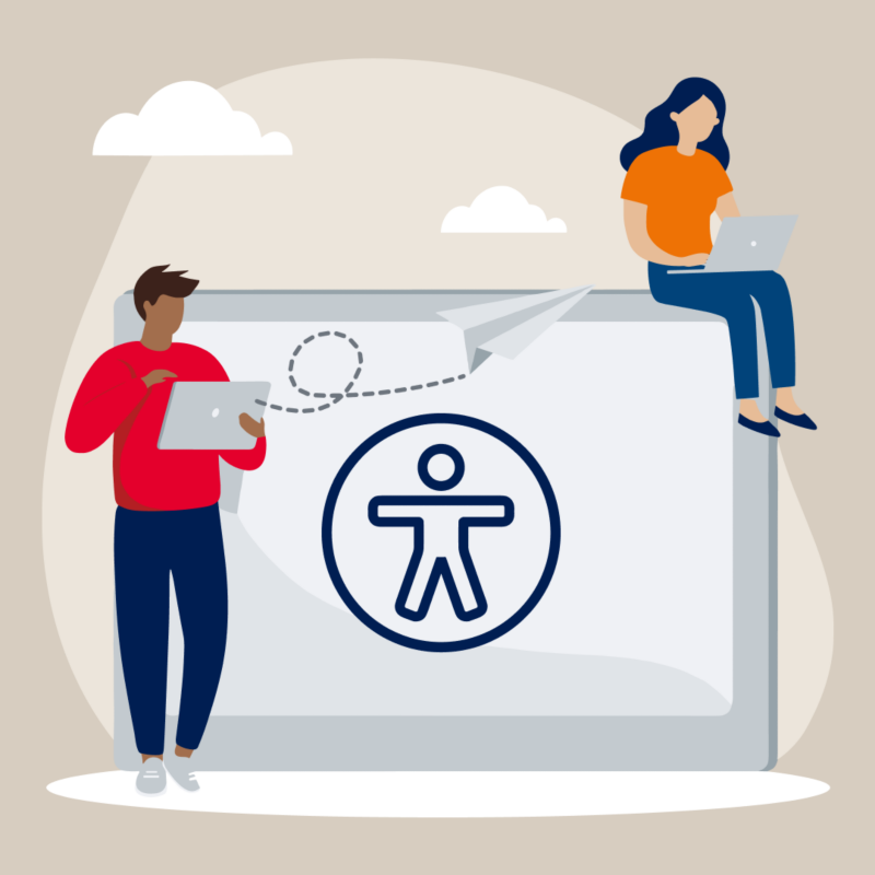 Zwei Personen interagieren mit einem Laptop und Tablet-Computer auf dem das Logo für Barrierefreiheit steht