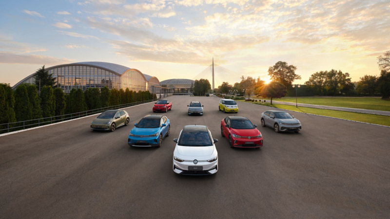 A wide aerial shot of a range of VW ID models