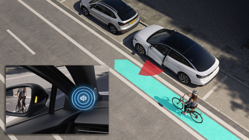Graphic shows how the exit warning system works in the VW ID.7.