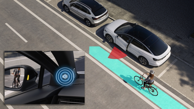 Illustrationen viser funktionsprincippet for udstigningsadvarslen i en VW ID.7 skematisk.