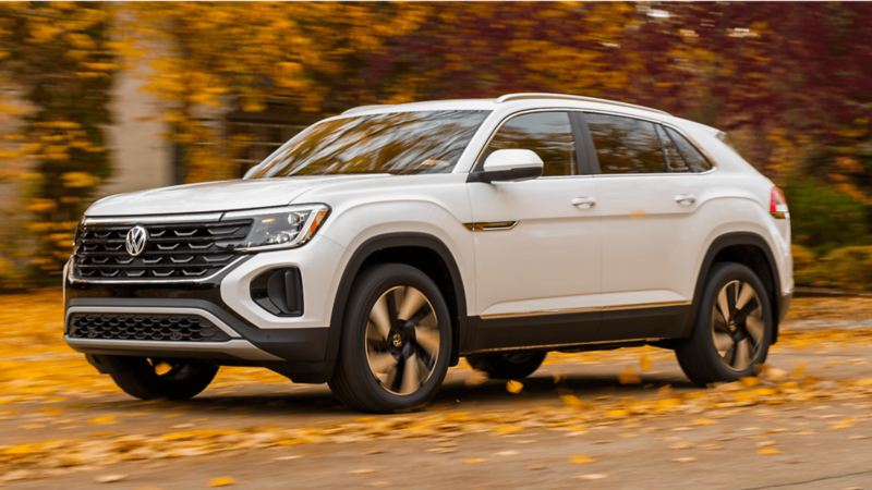 Collage of five images showcasing the Volkswagen Atlas Cross Sport, including front and rear exterior views, close-up of the wheel, panoramic sunroof, and interior dashboard with infotainment system.