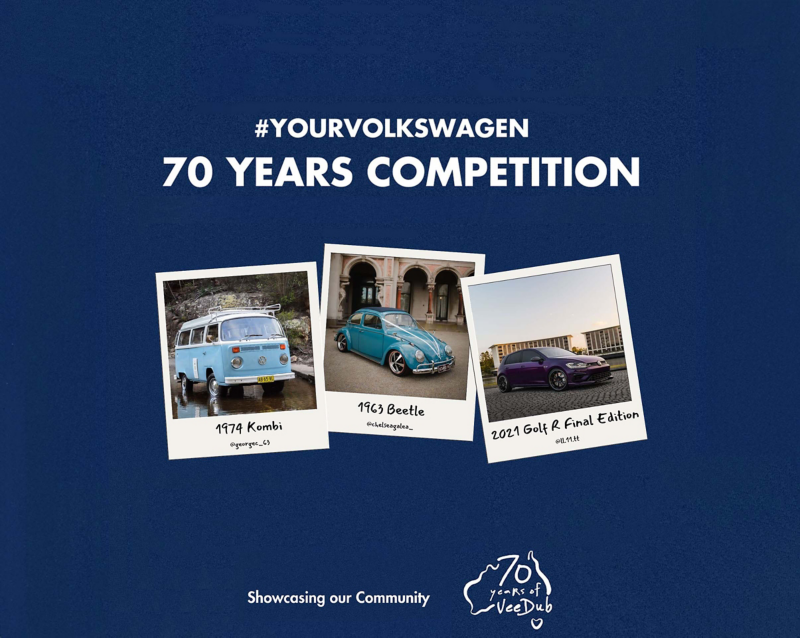 Image containing three polaroids of VW vehicles with 70 years of competition written above