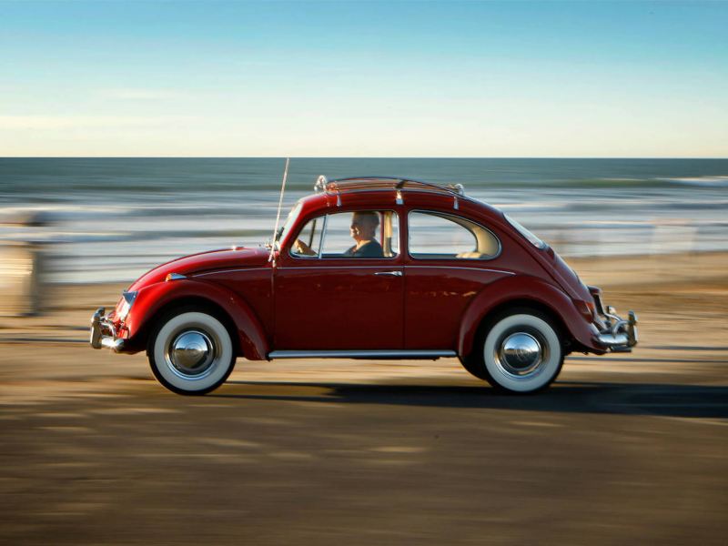 Kathleen Brooks drives her restored 1967 Volkswagen Beetle by the ocean.