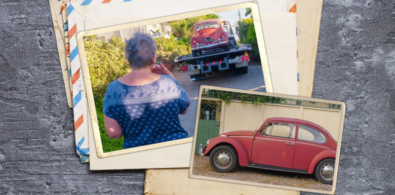 Photos of Kathleen Brooks saying goodbye to her original 1967 Volkswagen Beetle, set on top of vintage letters.