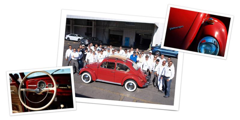 Fotos de los resultados finales y del equipo Volkswagen de México en Puebla que completó la restauración del Beetle de Kathleen Brooks de 1967. 