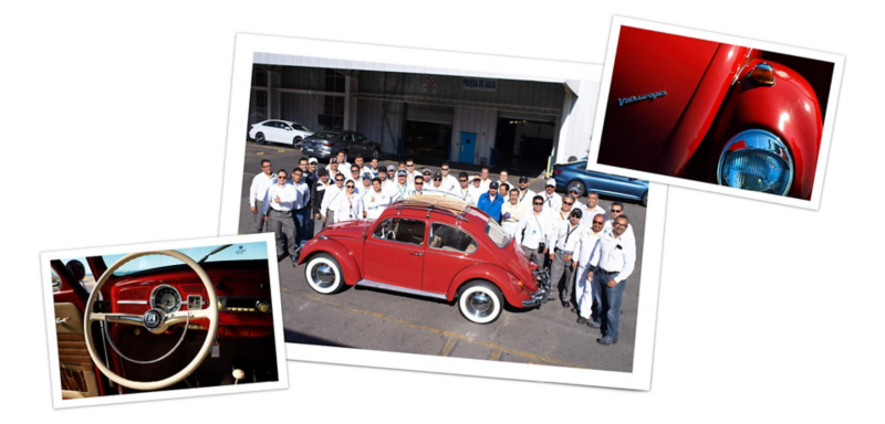 Photos of the final results and the Volkswagen de Mexico team in Puebla that completed the restoration of Kathleen Brooks’ 1967 Beetle. 