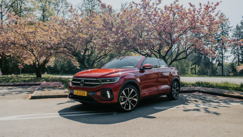 Troc Cabriolet garé dans la rue devant des cerisiers en fleurs.