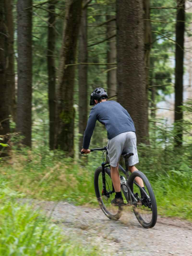 Ein Mountainbikefahrer fährt im Wald.