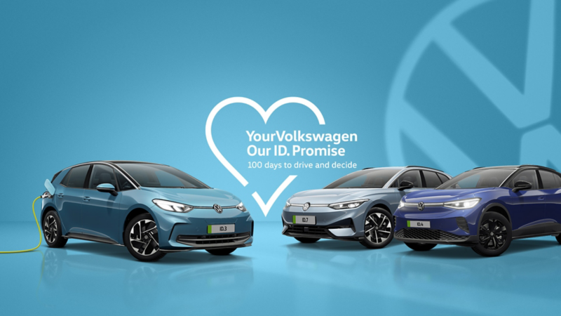 three blue VW electric models on a blue background with text that reads 'Your Volkswagen, our ID. Promise'