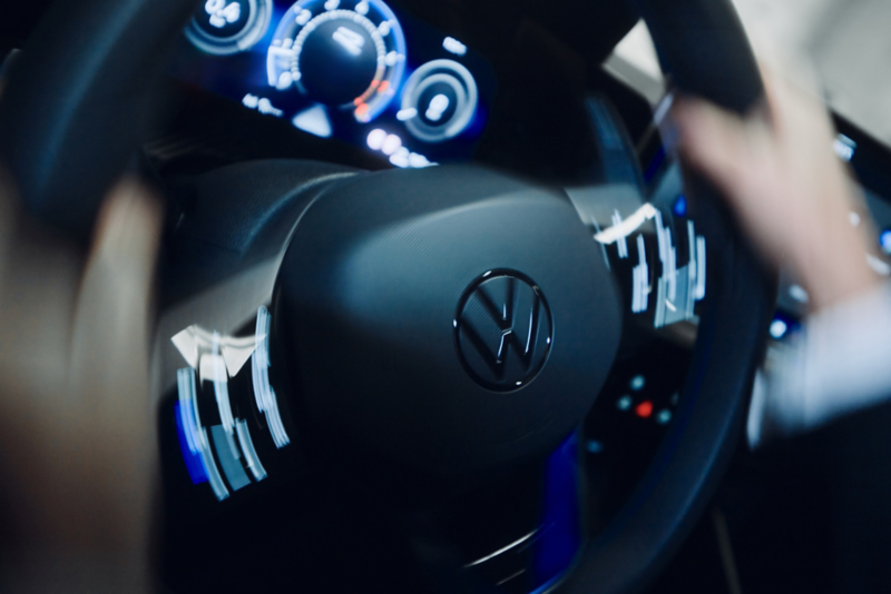A view of the cockpit with steering wheel and infotainment system in the VW ID. Polo.