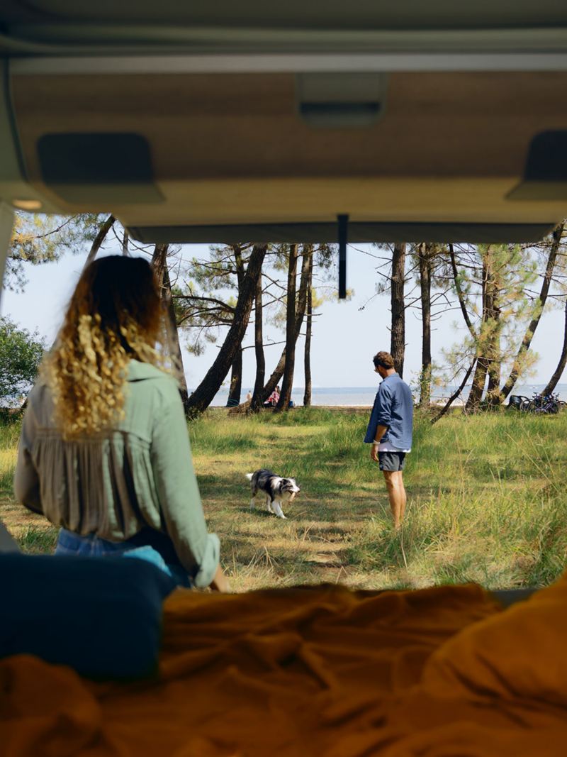 VW California 6.1 vue du coffre arrière sur paysage, femme et homme et chien dans la nature