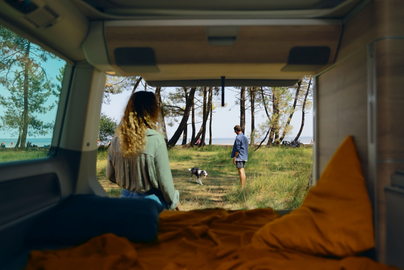 VW California 6.1 vue du coffre arrière sur paysage, femme et homme et chien dans la nature