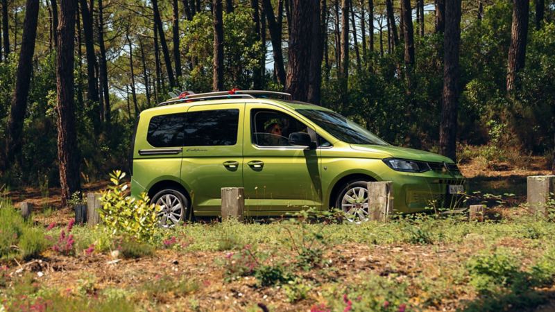 VW Caddy California vert en forêt