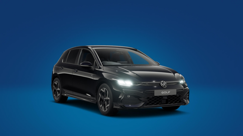 A front 3/4 shot of a black Volkswagen Golf R-Line on a blue background