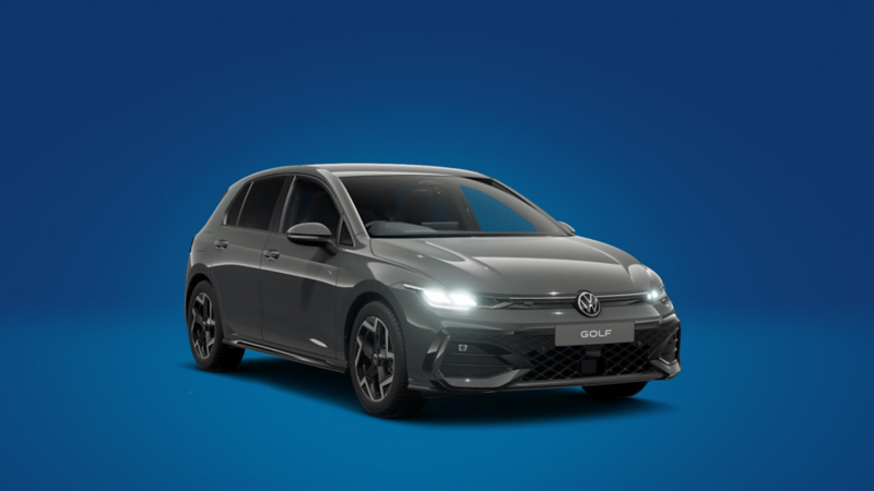 A front 3/4 shot of a grey Volkswagen Golf R-Line on a blue background