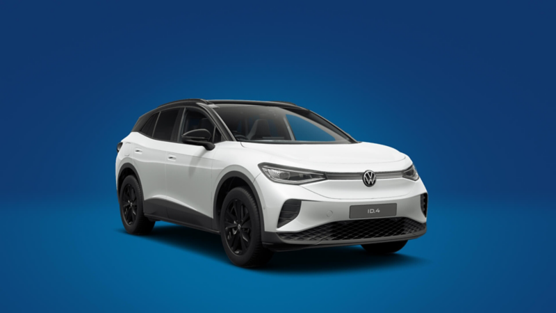 A front 3/4 shot of a white Volkswagen ID.4 Pro Black Edition on a blue background