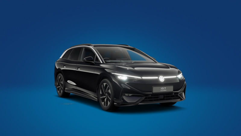 A front 3/4 shot of a black Volkswagen ID.7 Tourer Pro S Match Plus on a blue background