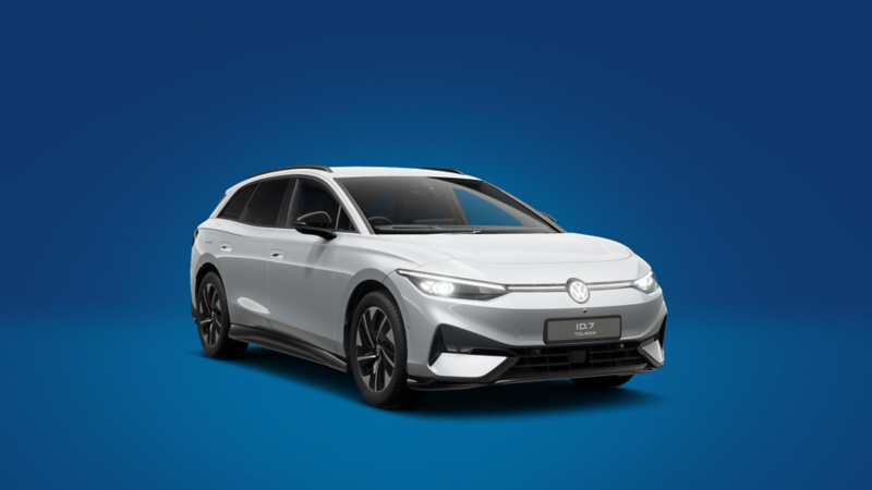 A front 3/4 shot of a white Volkswagen ID.7 Tourer Pro S Match Plus on a blue background