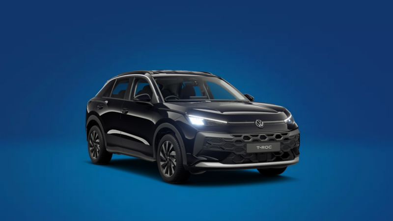 A front 3/4 shot of a black Volkswagen T-Roc Life on a blue background