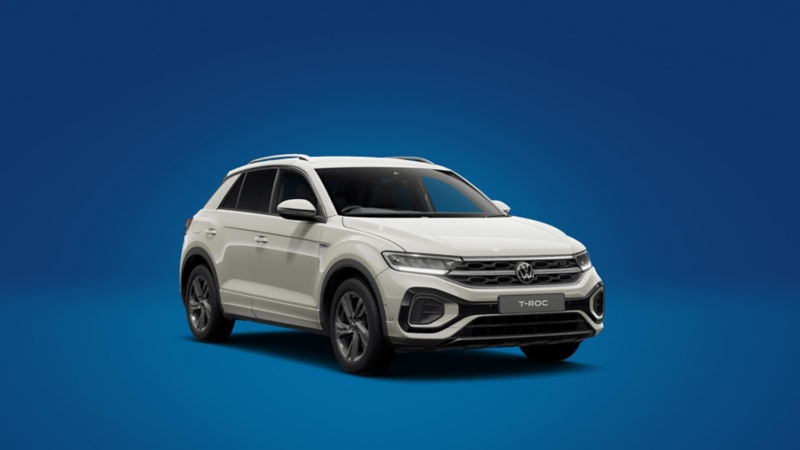 A front 3/4 shot of a silver Volkswagen T-Roc R-Line on a blue background