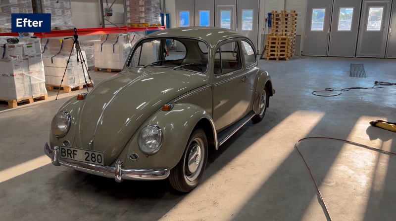 Efterbild på Volkswagen Typ 1, parkerad i ett garage