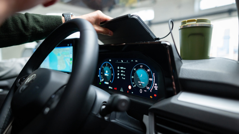 close up of the dashboard and steering wheel