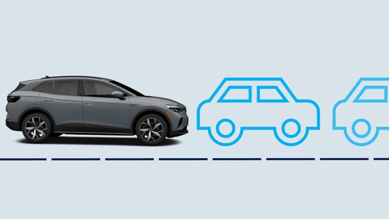 A realistic pure gray VW ID.4 is depicted next to simplified, blue outlined illustrations of cars against a light blue background. All vehicles are aligned on a horizontal line that stretches across the image.