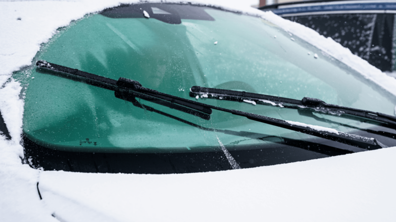 The cleaners clear the snowy windshield of a Volkswagen SUV while a woman sits inside