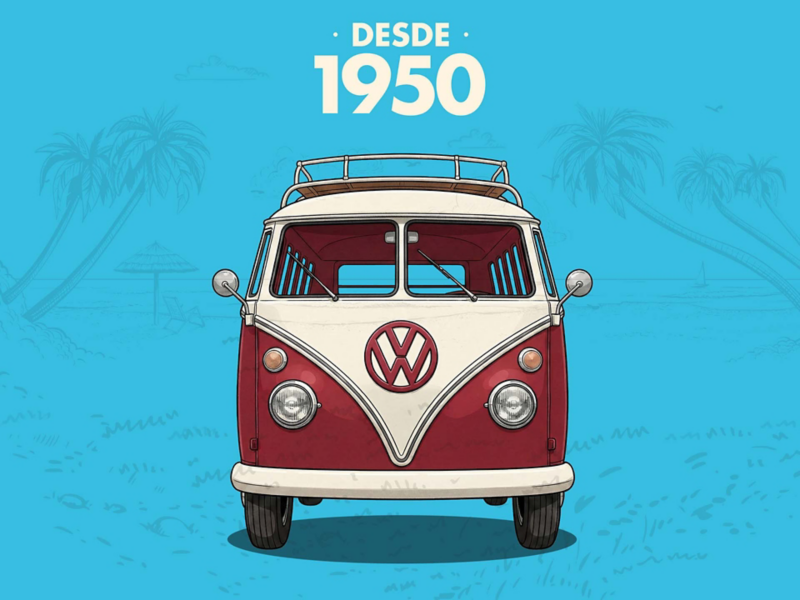 Dibujo de una furgo VW clásica sobre fondo azul con un cartel encima que dice 'Desde 1950'