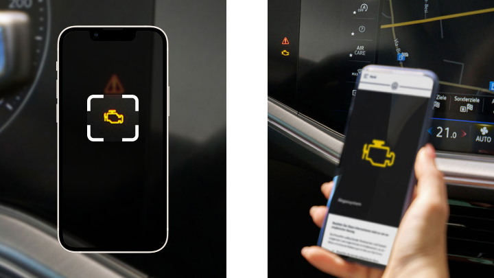 Mobile app interaction with engine warning light diagnostics.