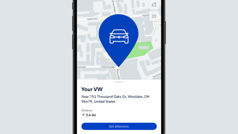 Map feature shows VW location and distance for navigation.