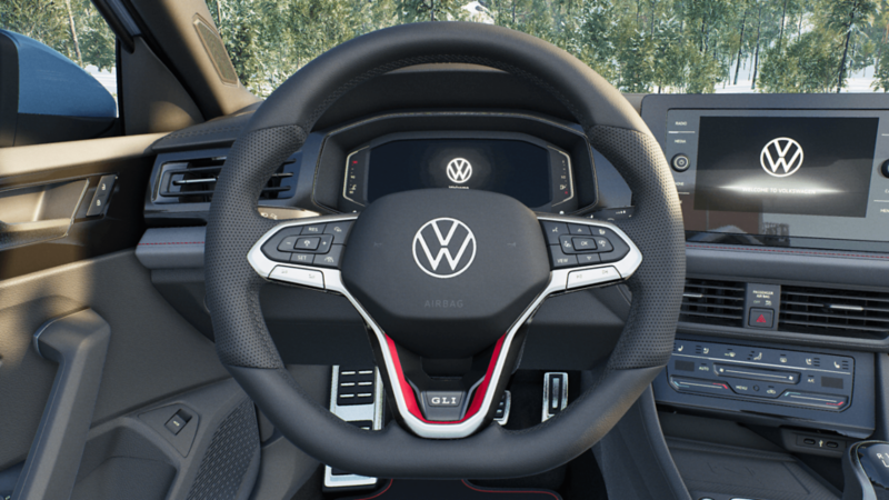 Close-up of the heated steering wheel in the Jetta GLI 2025.